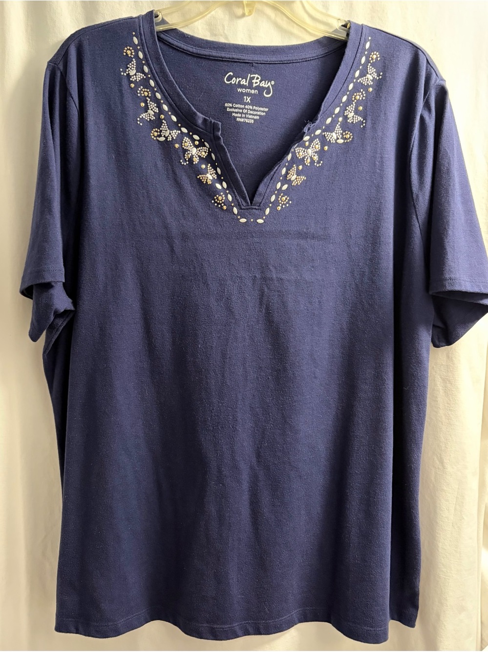 Coral Bay Navy Short Sleeve V-Neck Top with Rhinestone Detail